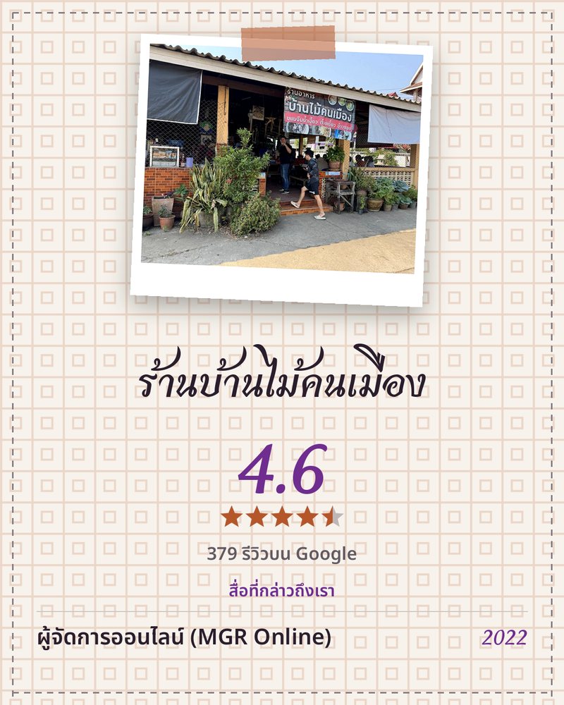 ร้านบ้านไม้คนเมือง · Google 4.6 ★ · 379 รีวิวบน Google · สื่อที่กล่าวถึงเรา: ผู้จัดการออนไลน์ (MGR Online) 2022